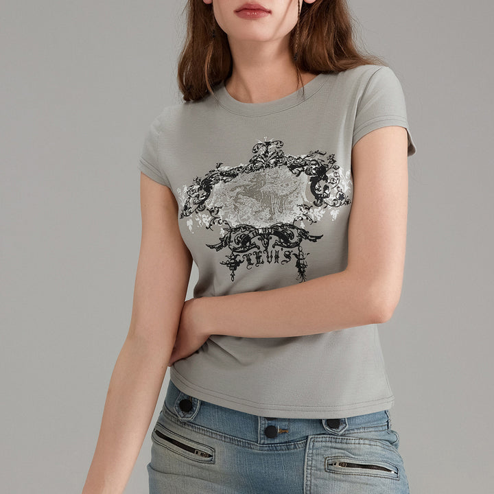 Damen lässiges Grafik-Crop-Top mit Rundhals-Ausschnitt Drune