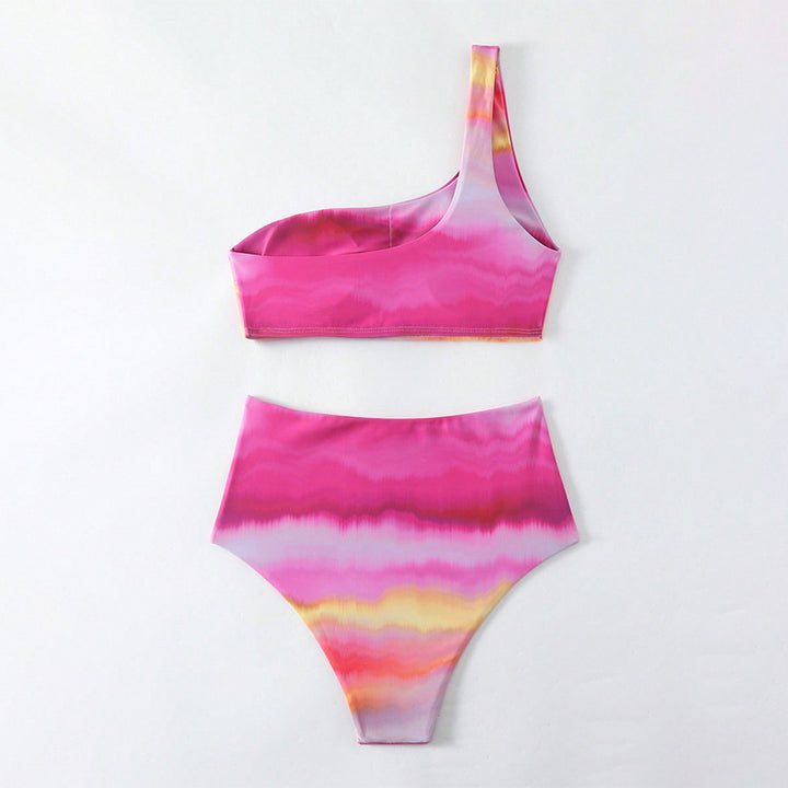 Damen Hochtailliertes Bikini-Set mit asymmetrischem Top und farbenfrohem Farbverlauf Drune