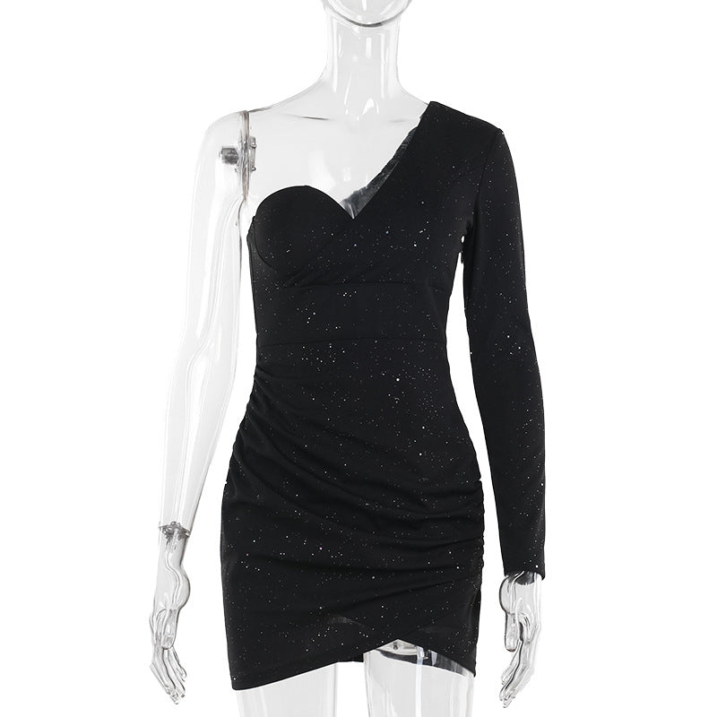 Damen Off-Shoulder Minikleid mit asymmetrischem Schnitt und glitzernden Akzenten Drune