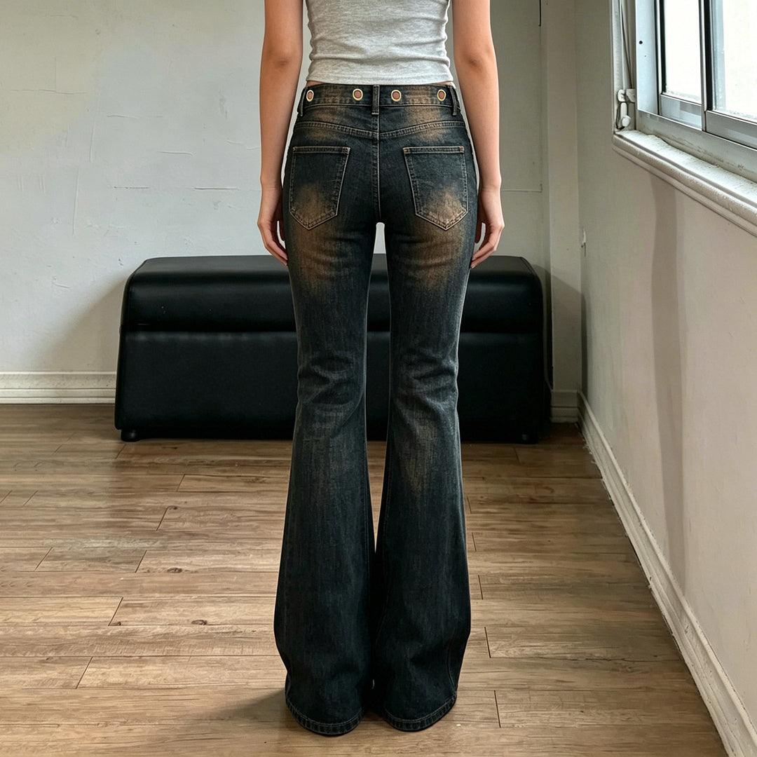 Damen weite Jeans mit modischem Schnitt und einzigartigen Knopfdetails Drune