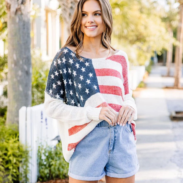 Damen Strickpullover mit patriotischem Flaggenmuster Drune