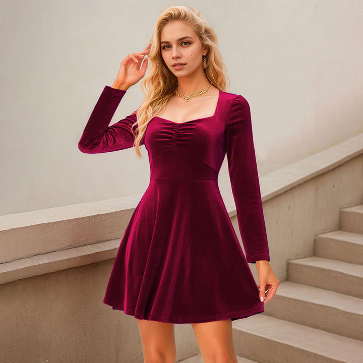 Damen Samt Minikleid mit quadratischem Ausschnitt und langen Ärmeln Drune