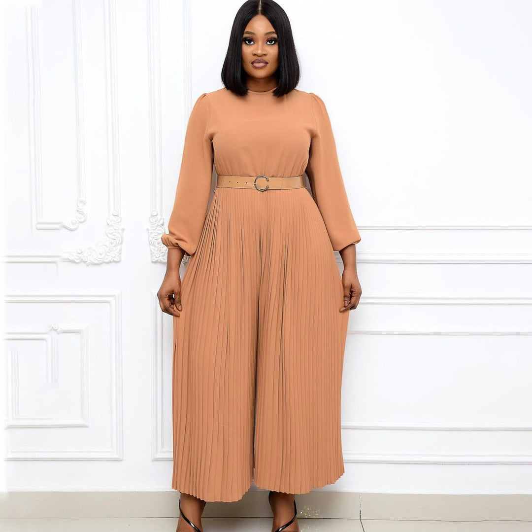 Damen Plissee Jumpsuit mit elegantem Gürtel und weit ausgestellten Ärmeln Drune