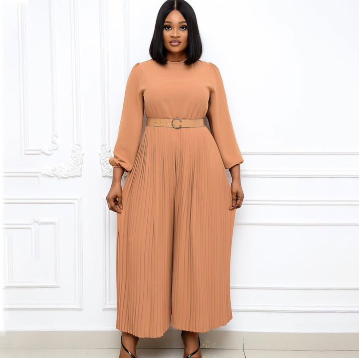 Damen Plissee Jumpsuit mit elegantem Gürtel und weit ausgestellten Ärmeln Drune