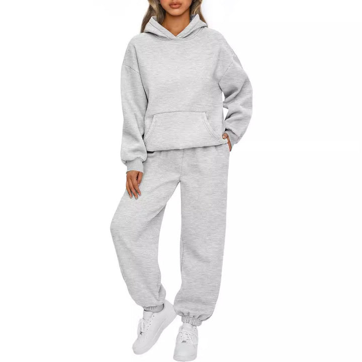 Damen nan gemütliches French-Terry Loungewear-Set mit doppellagiger Kapuze, Kängurutasche und elastischem Knöchel-Jogger Drune