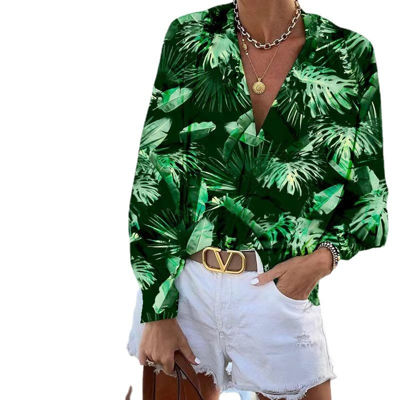 Damen Bluse mit floralem Muster und tiefem V-Ausschnitt Drune