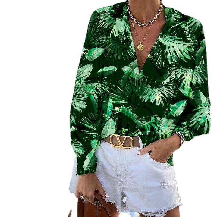 Damen Bluse mit floralem Muster und tiefem V-Ausschnitt Drune