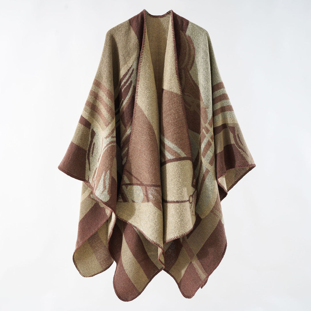Damen eleganter Strickponcho mit kunstvollem Muster und feinen Fransen Drune