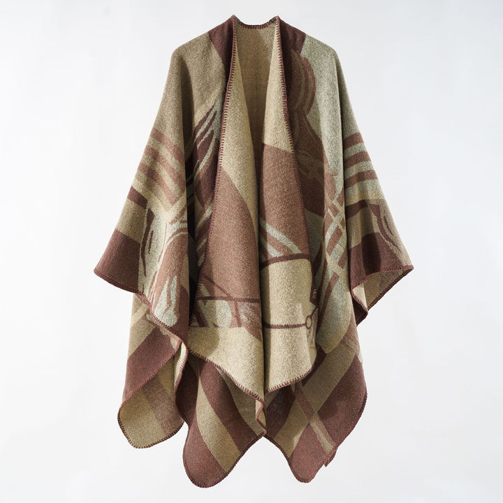 Damen eleganter Strickponcho mit kunstvollem Muster und feinen Fransen Drune