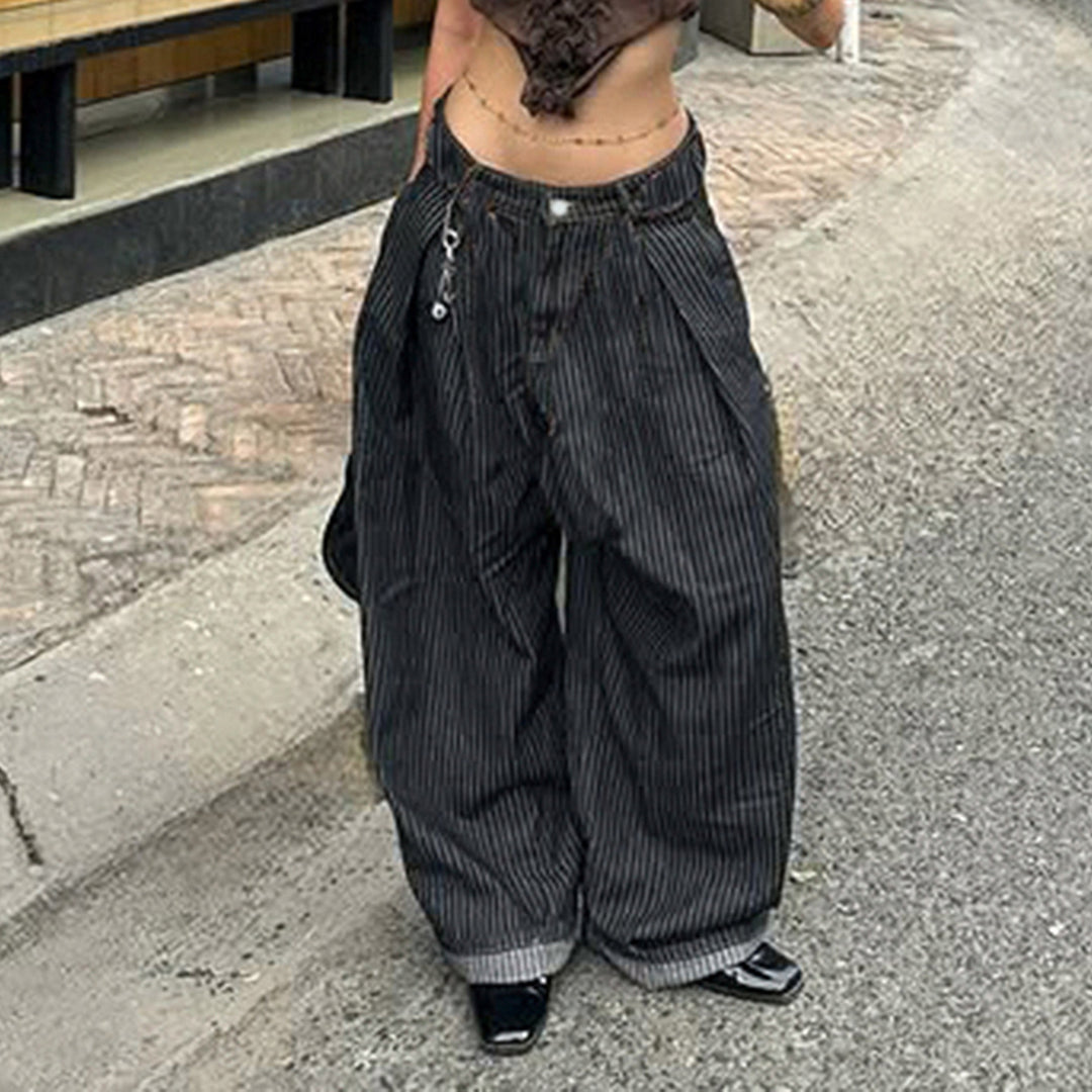 Damen Weite Hochtaillierte Streifenjeans Drune