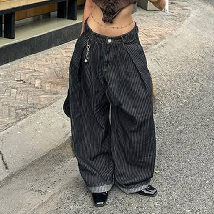 Damen Weite Hochtaillierte Streifenjeans Drune