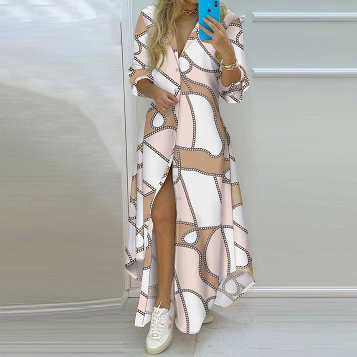 Damen Langarmhemdmaxikleid mit grafischem Muster und seitlichem Schlitz Drune