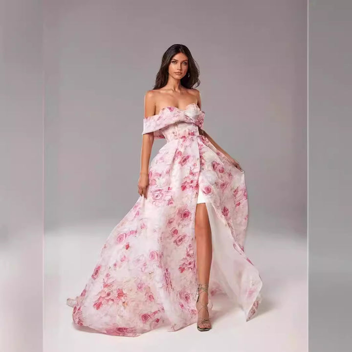 Damen Maxikleid mit schulterfreiem Design und floralen Mustern Drune