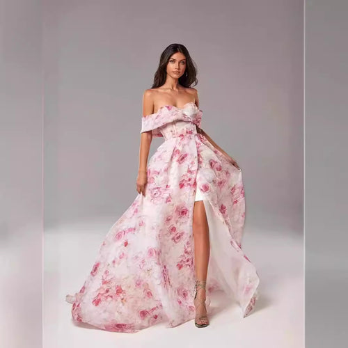 Damen Maxikleid mit schulterfreiem Design und floralen Mustern Drune