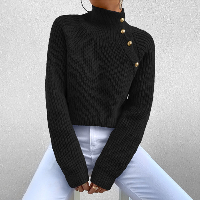 Damen Modischer Strickpullover mit hohem Kragen und Knopfdetail Drune