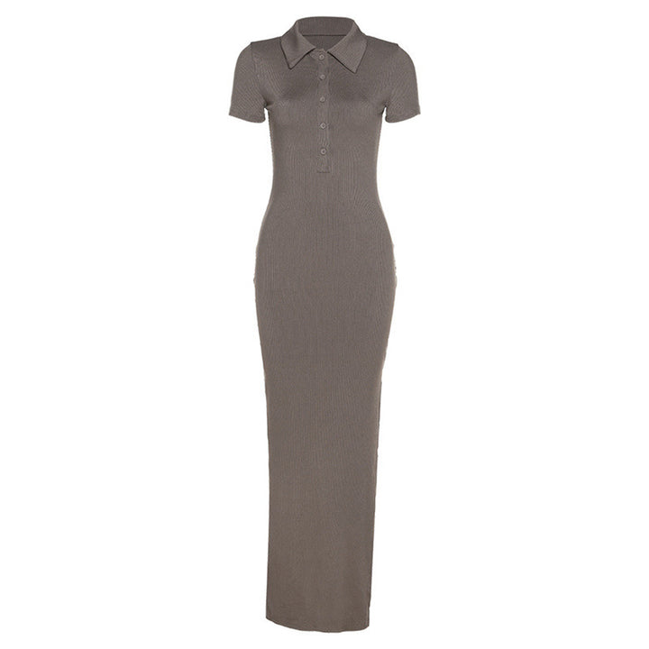 Damen Maxikleid mit kurzem Arm und klassischem Kragen Drune