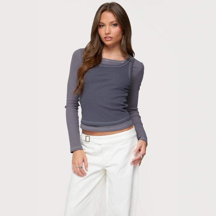 Damen Langarm-Crop-Top mit modischem Farbkontrast und nahtloser Verarbeitung Drune