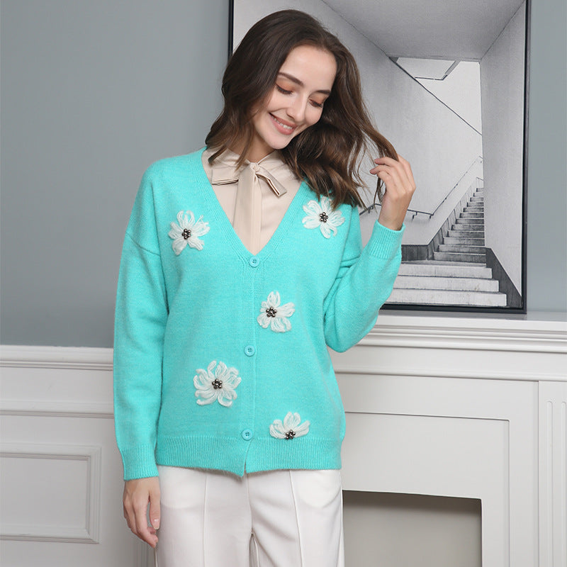 Damen Strickjacke mit floralem Motiv und eleganter Knopfleiste Drune