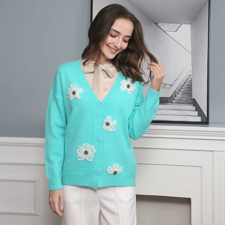 Damen Strickjacke mit floralem Motiv und eleganter Knopfleiste Drune