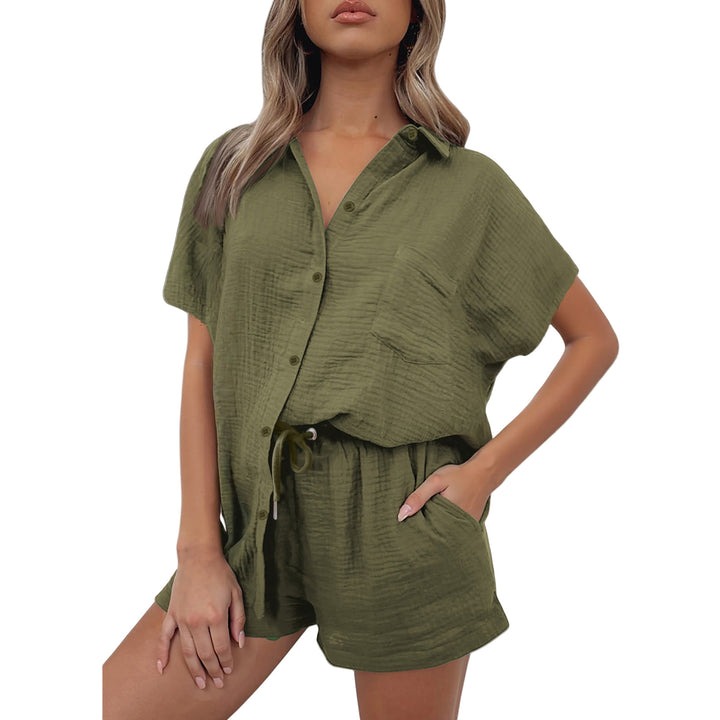 Damen lässiges Kurzarm-Hemd und Shorts Set aus strapazierfähigem Baumwollmaterial mit praktischen Taschen und elastischem Bund Drune