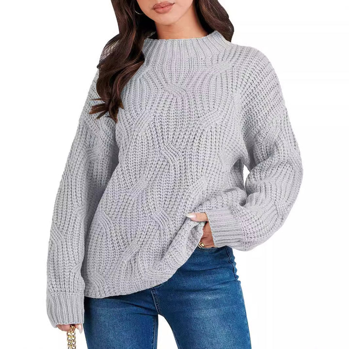 Damen Grobstrickpullover mit extravagantem Wellenmuster und hohem Kragen Drune