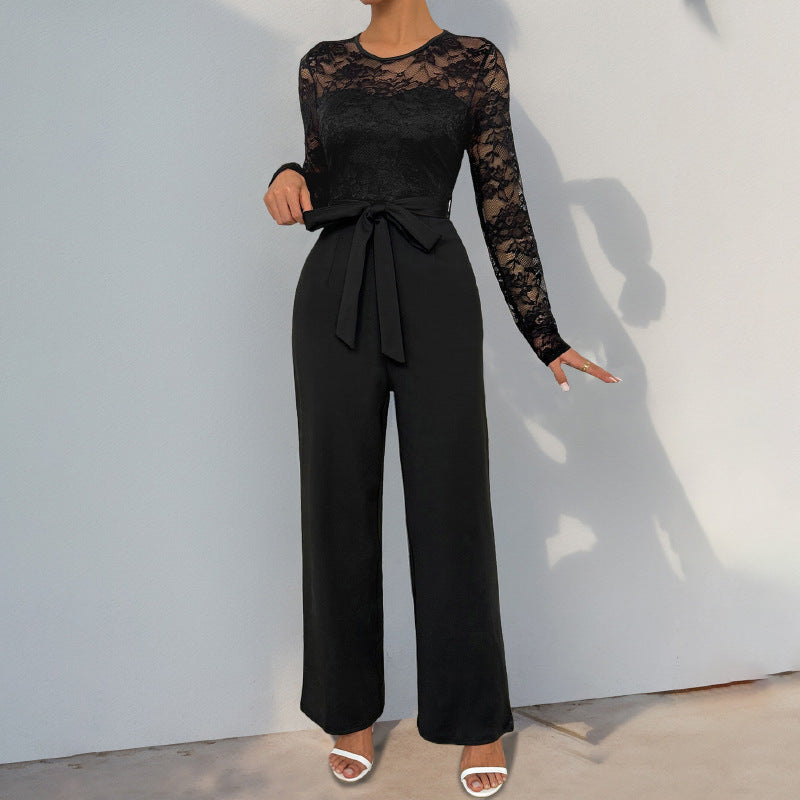 Damen eleganter Jumpsuit mit Spitzenoberteil und taillierbarem Gürtel Drune