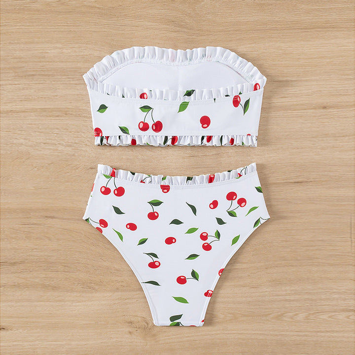 Damen Bandeau-Bikini mit fröhlichem Kirschmuster und eleganter Rüsche Drune
