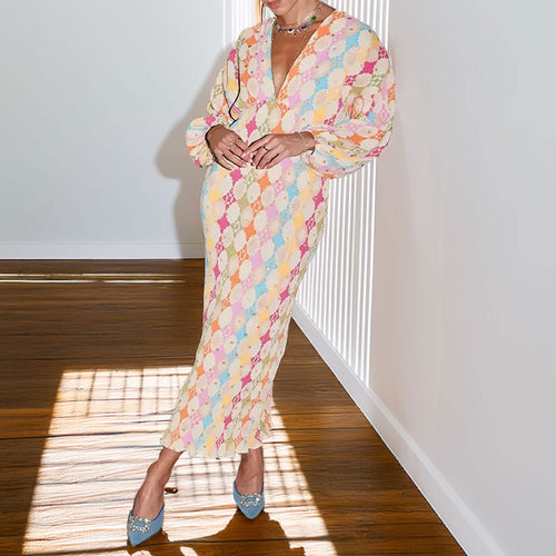 Damen Maxikleid mit auffälligem Rauten-Muster und voluminösenÄrmeln Drune