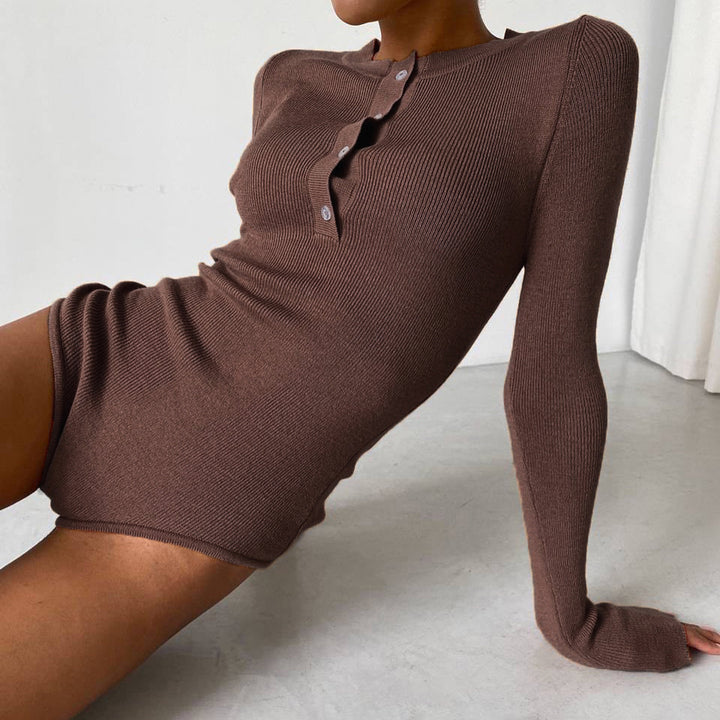Damen Langarm-Bodysuit mit Knopfleiste und Rippstruktur Drune