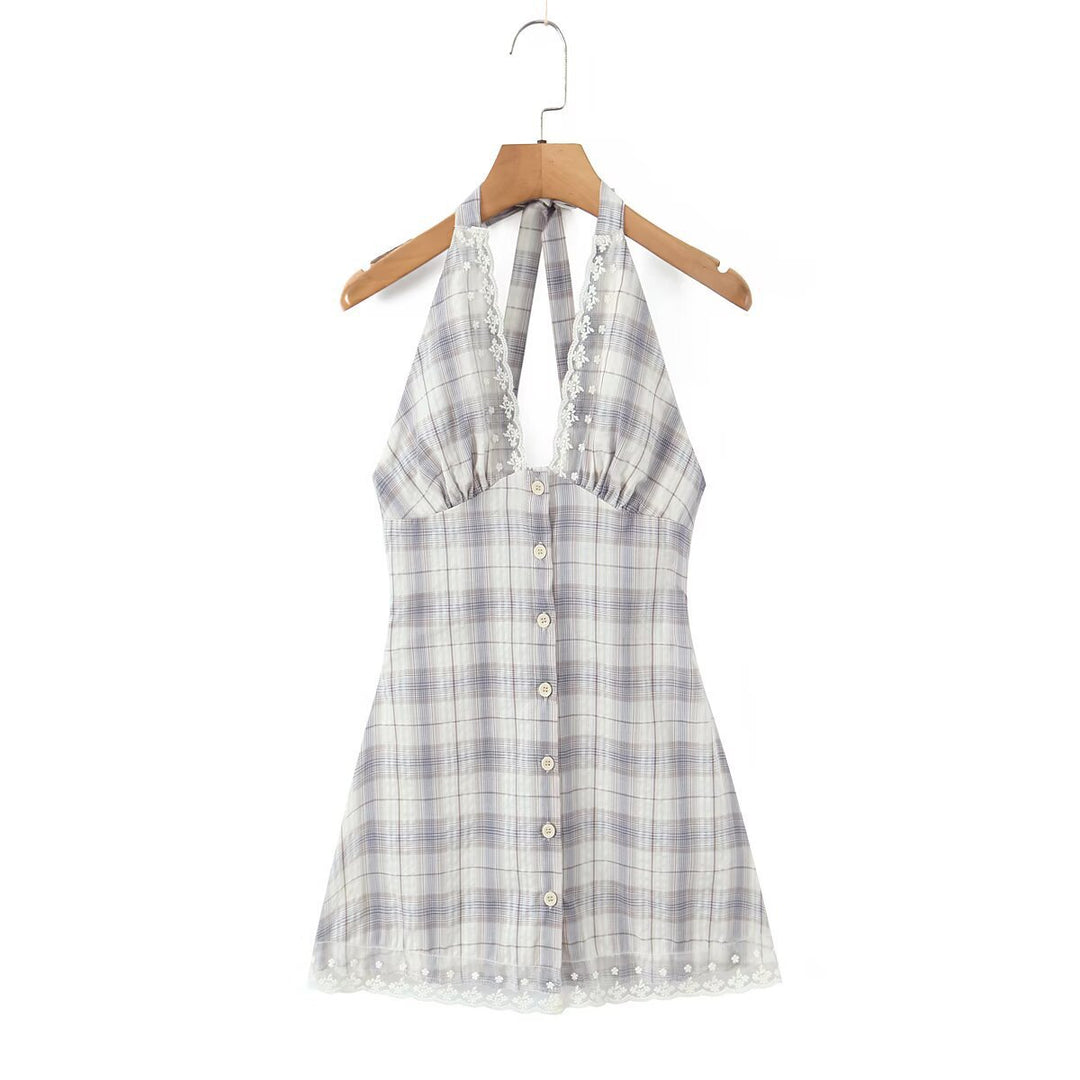 Damen Halterkleid mit floralem Spitzenbesatz und Knopfleiste Drune