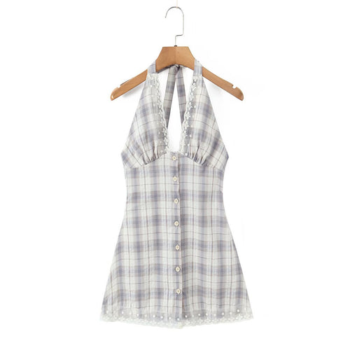 Damen Halterkleid mit floralem Spitzenbesatz und Knopfleiste Drune
