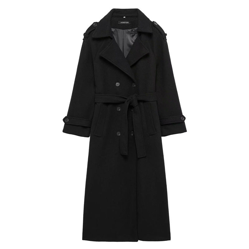 Damen Eleganter Wolltrenchcoat mit doppelter Knopfleiste und Taillengürtel Drune