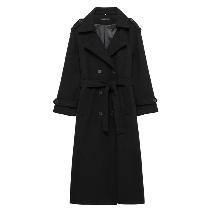 Damen Eleganter Wolltrenchcoat mit doppelter Knopfleiste und Taillengürtel Drune
