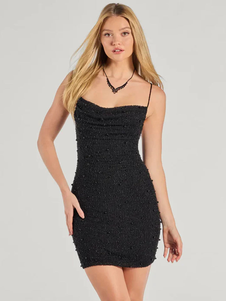 Damen Figurbetontes Minikleid mit schimmernden Perlen und Spaghettiträgern Drune