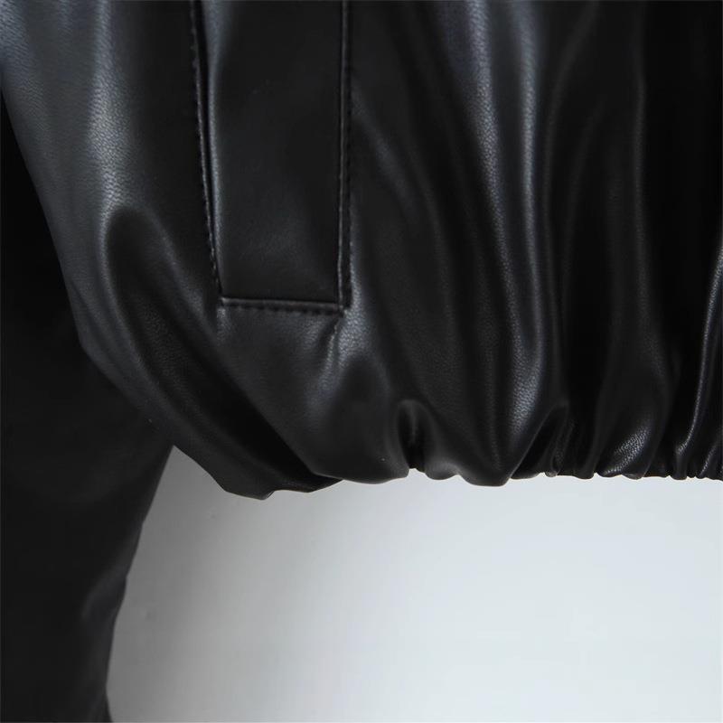 Damen cropped Kunstlederjacke mit praktischen Taschen und Gummibund Drune