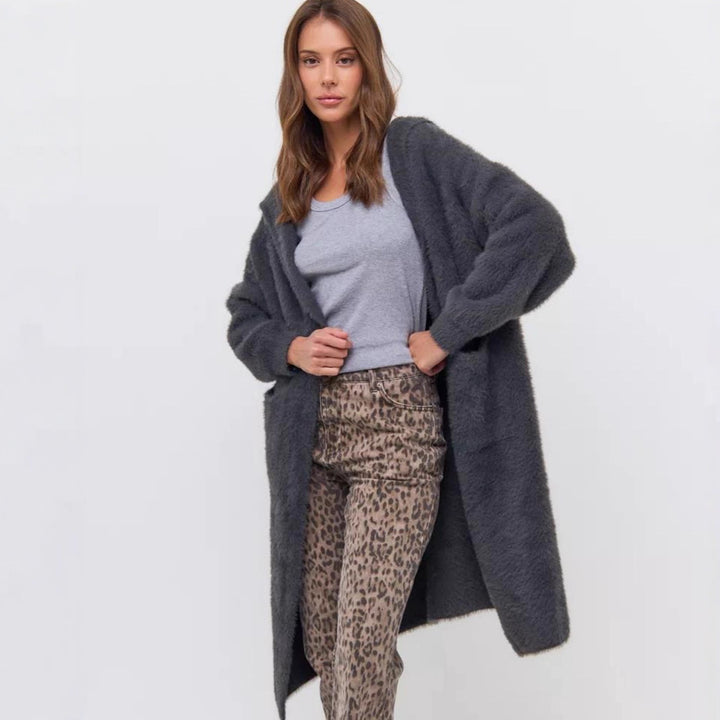 Damen Kapuzen-Strickmantel mit luxuriösem Flauschteil Drune