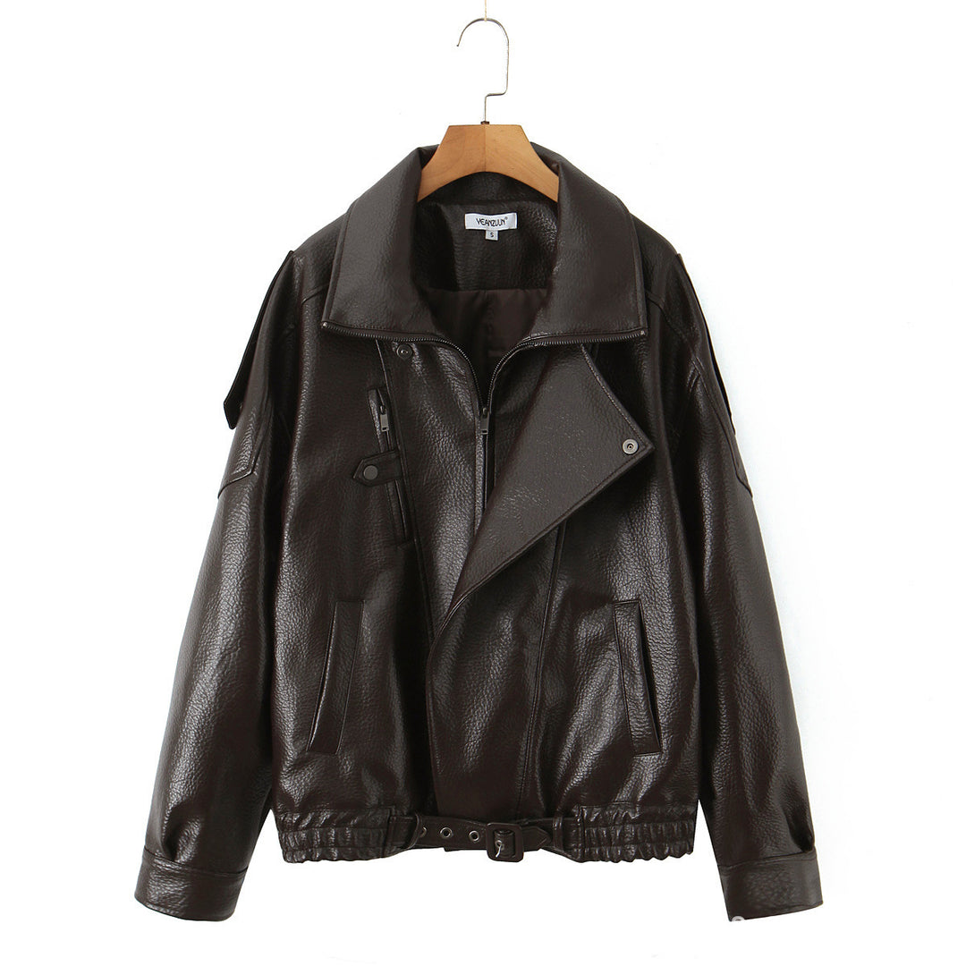 Damen Modische Kunstlederjacke mit erotischem Revers und elastischem Saum Drune