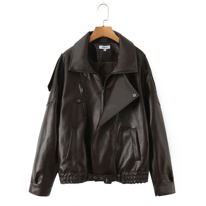 Damen Modische Kunstlederjacke mit erotischem Revers und elastischem Saum Drune