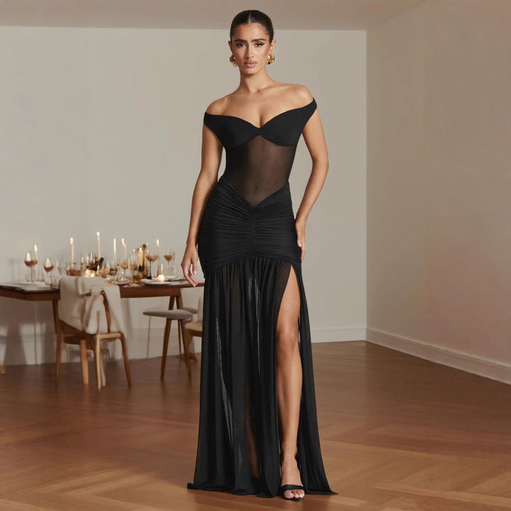 Damen Elegantes Maxikleid mit schulterfreiem Design und Raffung Drune