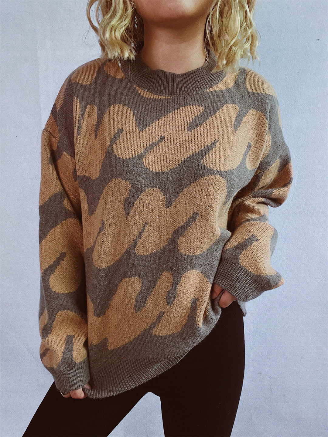 Damen lässiger Pullover mit modernem Farbblockdesign und voluminösen Ärmeln Drune