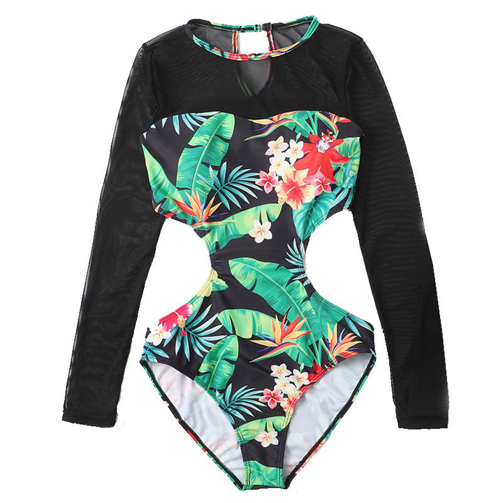 Damen Einteiler Badeanzug mit floralen Cut-Outs und transparenten Ärmel-Details Drune