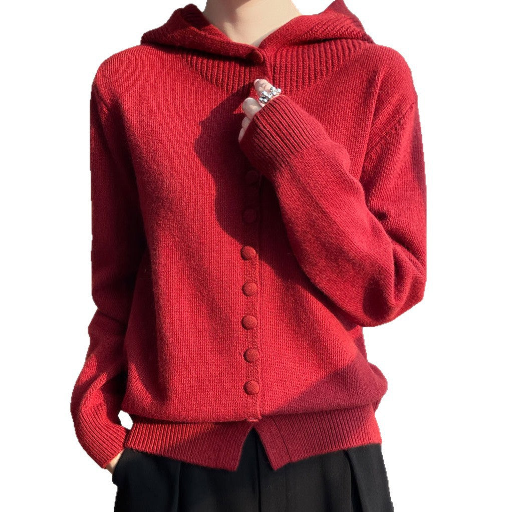 Damen Strickjacke mit Kapuze und dekorativen Knopfdetails Drune