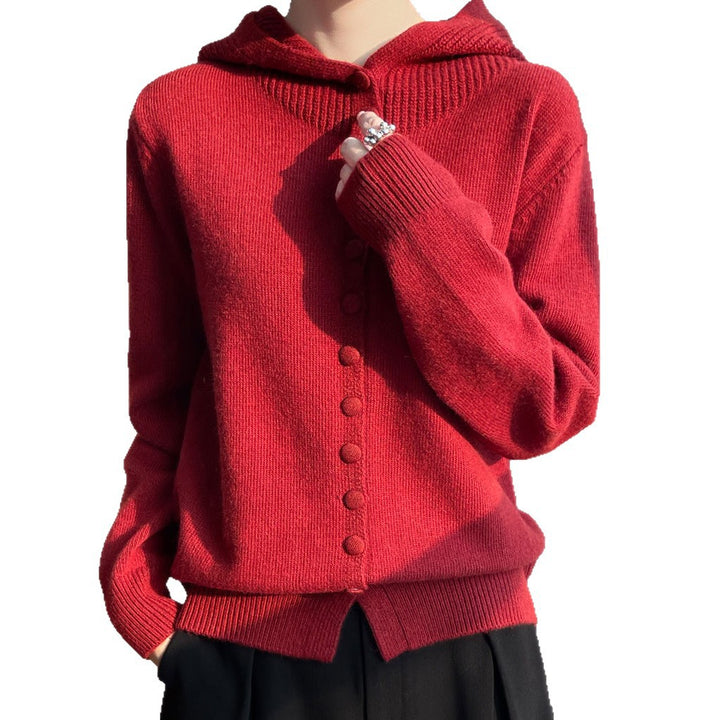Damen Strickjacke mit Kapuze und dekorativen Knopfdetails Drune