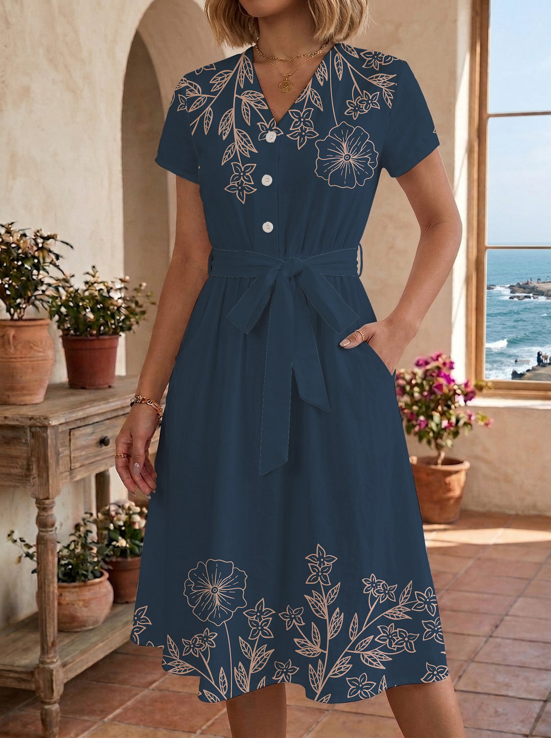 Damen Midi-Kleid mit floralem Design und bequemer Passform Drune