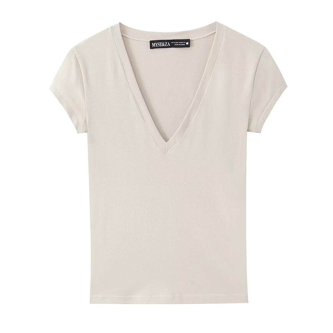 Damen T-Shirt mit modernem V-Ausschnitt und angenehmem Baumwollmix Drune
