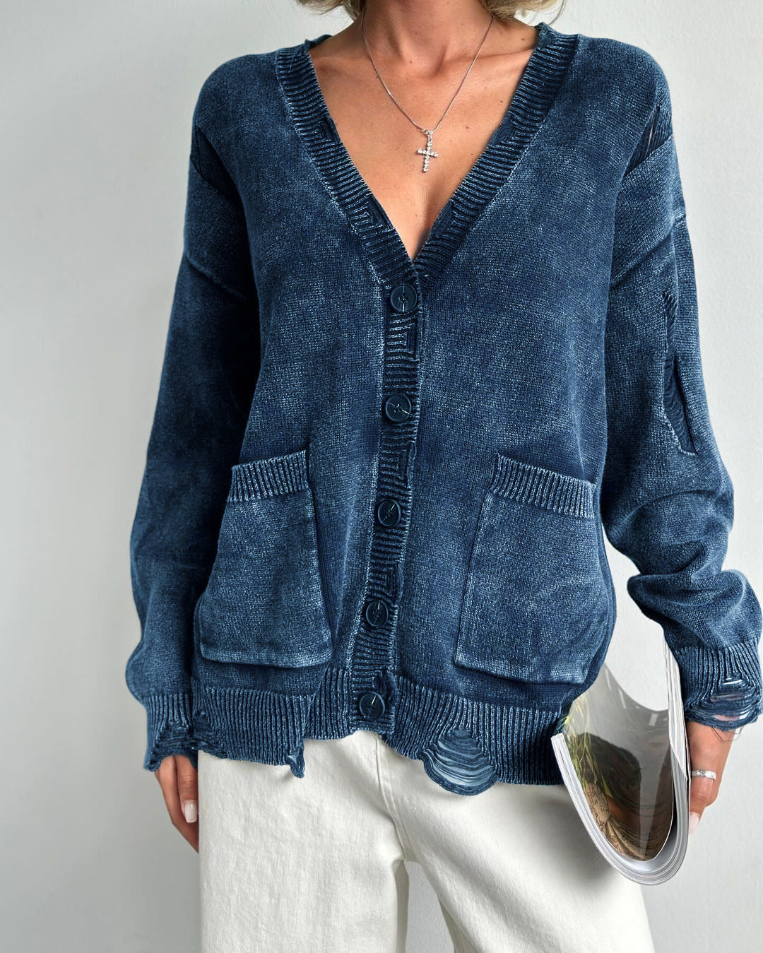 Damen lässiger Oversized-Pullover mit V-Ausschnitt und Taschen Drune