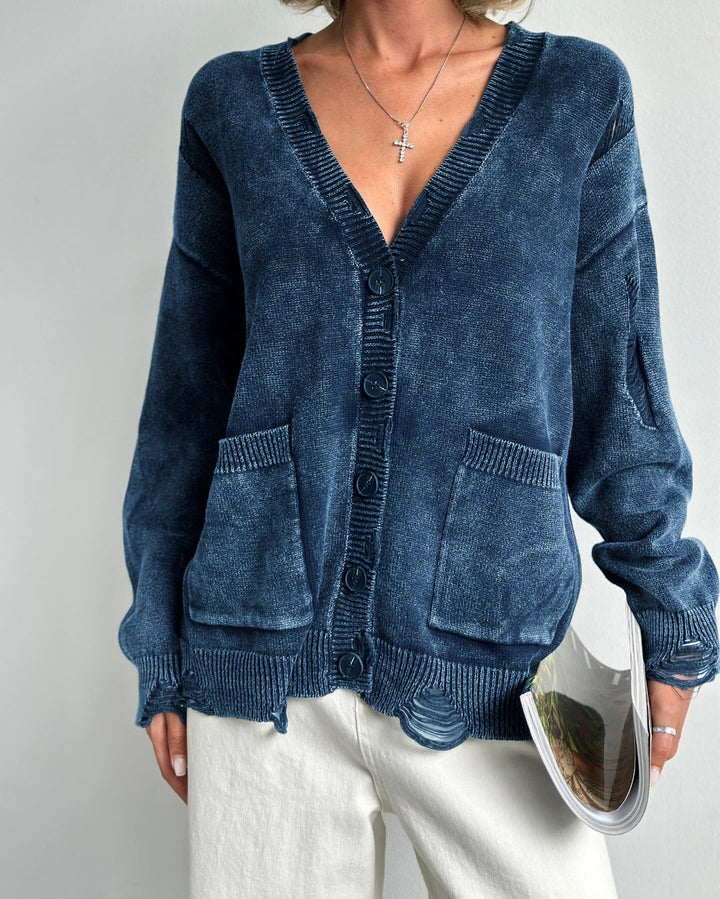Damen lässiger Oversized-Pullover mit V-Ausschnitt und Taschen Drune