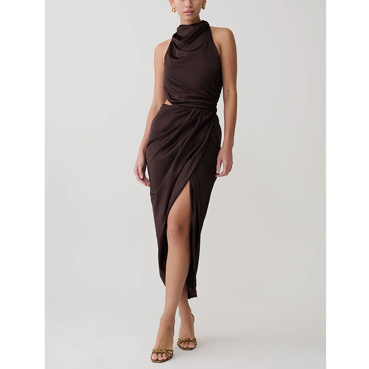 Damen Elegantes Maxikleid mit hochgeschlossenem Kragen und asymmetrischem Schnitt Drune
