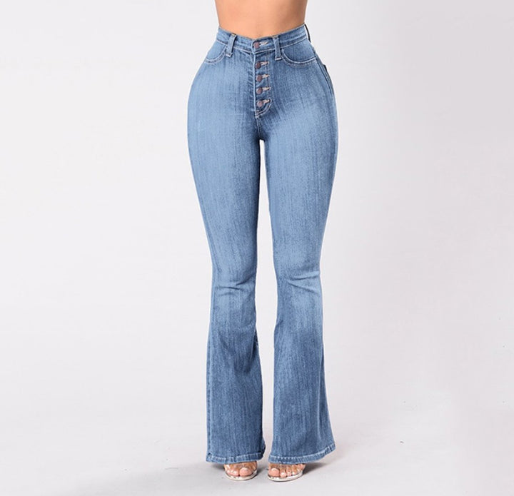 Damen nan hochgeschnittene Bootcut-Jeans mit sichtbarer Knopfleiste, figurformendem Stretch und schlankem Oberschenkel Drune