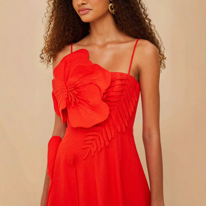 Damen Midi-Kleid mit kunstvollen Rüschendetails und verstellbaren Spaghettiträgern Drune